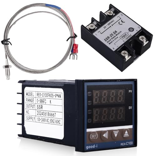 Asfrode Digital Temperaturregler Kit REX-C100, 0 ℃ ~ 1300 ℃ PID-Temperaturregler Kits, Intelligentes Temperaturkontrollmessgerät, Thermostat Relais mit K-Typ Sensoreingangsrelais SSR-Ausgang
