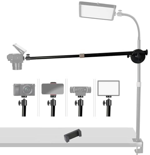Tentucro Overhead Camera Mount Extendable Arm with Rotatable Clamp, 1/4 Ballhead, Phone Holder, 14 - 24 Adjustable for DSLR Camera, Phone, Ring Light & Webcam, Live Streaming (Horizontal)