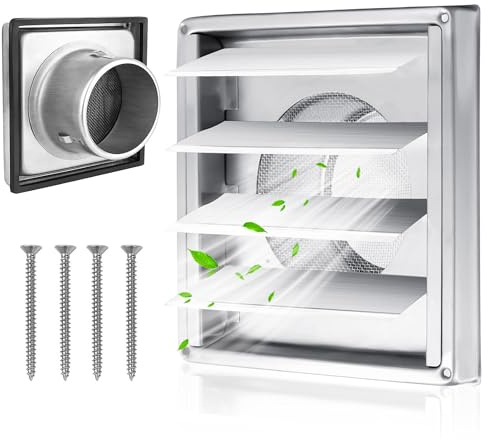 Rejilla de ventilación de acero inoxidable, 100 mm, extractor de baño rectangular con válvula antirretorno, rejilla de protección contra insectos, Rejilla Cuadrada para tubo VMC y Cocina Baño
