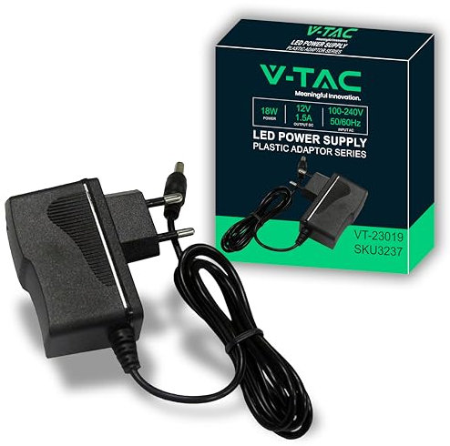 V-TAC Adaptador de Corriente 12V 18W 1,5A - Fuente de Alimentación para Cámaras, Tiras LED, Módems - Transformador 12V Doméstico para Pantallas, Equipos Electrónicos - Entrada AC 100-240V