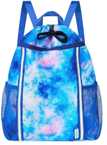 WAWSAM Turnbeutel mit Kordelzug für Kinder, Krawatte Gefärbt Mädchen Wasserdichter Sportrucksack mit Innentasche Aussentasche, 2 Wasserflaschen-Netztaschen für Strand, Schwimmen, Schule und Reisen