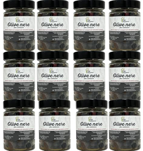 Olive Nere Infornate alla Calabrese - Ideali per Piatti Tipici e Aperitivi - Vasetto da 200g - Val D'Esaro (12 Vasi da 200g cad.)