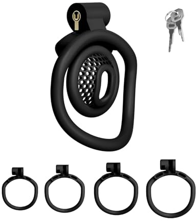 Cage de Chasteté pour Pénis avec 4 Anneaux Courbés Différents Cage Chastetée avec Serrure Cachée pour Attacher le Pnis d'un Homme Inversée Chastity Cage Respirante et Légère (Black,B)