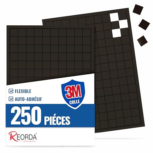 REORDA® Plaquettes Magnétiques Autocollantes 250 Pièces - Plaquettes et Bandes Magnétiques Adhésives - Colle 3m Ultra-Forte - Aimants Plats Puissants - Film Magnétique Flexible à Découper pour DIY