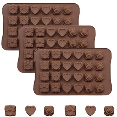 Lot de 3 moules en silicone pour chocolat, avec 24 cavités, 3D, pour glaçons, savon pressé à froid, moules en forme de roses et de cœurs, adaptés au bricolage, adaptés aux aliments, souples et faciles