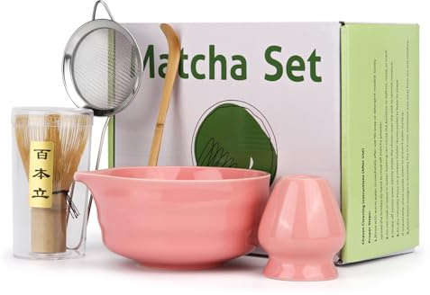 Spesh Juego de batidor y cuenco Matcha de 5 piezas, incluye soporte para batidor de cerámica Chasen y Chawan, regalo para los amantes del matcha y los fanáticos de la ceremonia del té (rosa)