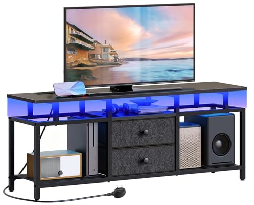 YATINEY 106 cm TV Stand with Charging Station and LED Lights, Upper Surface | TV Stand Cabinet for TVs up to 45, with Drawers and Storage Shelving, TV Unit for Living Room, Black XDS03KDBB