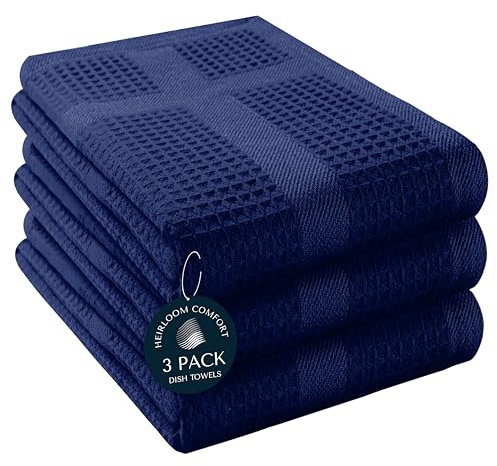 HEIRLOOM COMFORT 3 Pack Blue Waffle Weave Kitchen Towels, 40x66 cm, 100% Cotton Dishcloth Set, Super Absorbent, Quick Dry, Soft Hand Towels for Drying Dishes, Cleaning, Durable, Indigo Blue