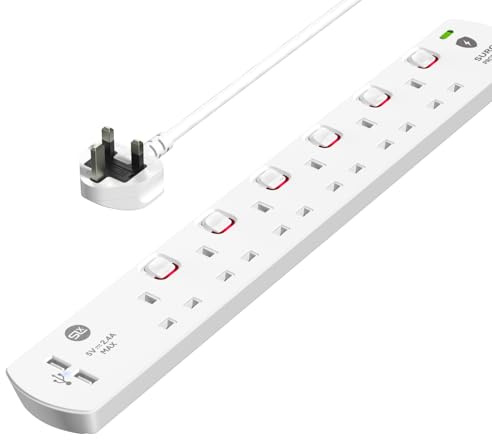 SLx Extension Lead 1m 6 Way Gang Switched Surge Protected Power Strip with 2 USB A Ports & LED Indicator 13A UK Plug & 3 Pin Sockets Wall Mountable Extension Cord for Home, Office or Garage White
