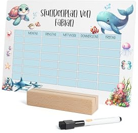 Nord-Kind® Acryl-Stundenplan personalisiert, abwischbar – Unterwasserwelt 1 | Mit Wunschname, 30 × 21 cm, inkl. Whiteboard-Stift; für 1. Klasse, Grundschule und Einschulung; optional mit Holzsockel.