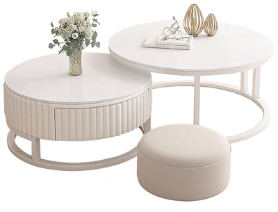 HRXQ 2er Set Runder Couchtisch Weiss 50+70cm Coffee Table Nested Beistelltisch Wohnzimmertisch Kaffeetisch Satztische Für Wohnzimmer, Balkon Und Büro, Metallgestell