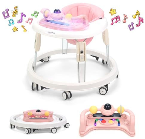 Baby Lauflernhilfe, One-Touch Folding Baby Walker, Lauflernwagen Anti-Roll 8-Rad-Rundfahrwerk, 7-Gang höhenverstellbar, Anti-Collision mit Bremse für von 6-18M (Hellgrau)