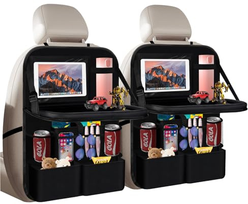 Kryvella Auto Organizer - Autositz Organizer Rückenlehnenschutz, Tablet Tasche und Viele Taschen, Multifunktional Wasserdicht Rücksitz Organizer mit Klapptisch,Schwarz Auto Organizer(2 Stück)
