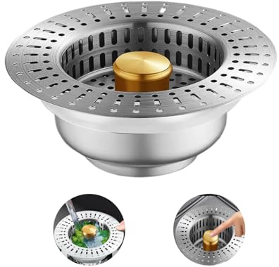 Universal Abflusssieb Küchenspüle Waschbeckenstöpsel für Tiefe > 55 mm, Spülbecken Bohrung 75-86 mm, Waschbeckensieb 3-in-1 Pop-Up Edelstahl Siebkörbchen Abflussstopfen mit Anti-Verstopfungs-Korb