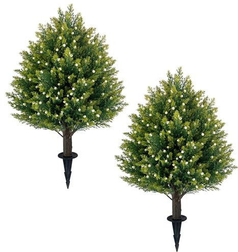 21'' Artificial White Berries Topiary Ball Trees with Ground Spike, UV Resistant Fake Plant Brush, 2 Pack Artificial Cedar Shrubs for Outdoor Indoor Front Porch Garden