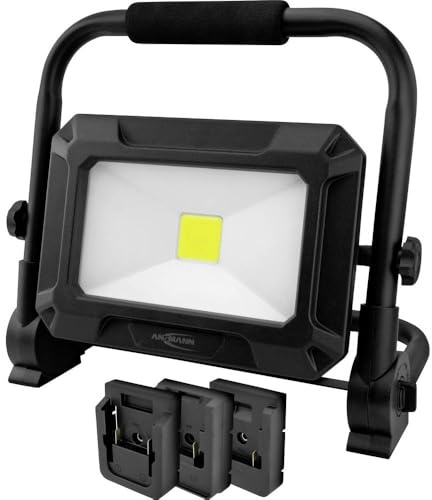 ANSMANN LED-arbet, kompatibel med 18 V batteripaket, inklusive adapterplattor för Bosch, Makita, Milwaukee/Dewalt, robust byggspotlight för verkstad, byggplats 50 watt, 3 ljusstyrkenivåer