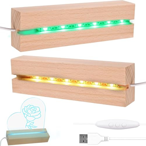 2 Stück Led Sockel, Lichtsockel, Holz Desktop Leuchten Display Basis | LED Lichter Display Basis, Led Sockel für Acrylglas, Holz Farblicht USB-Lichtsockel, Rechteckig Holzsockel Display