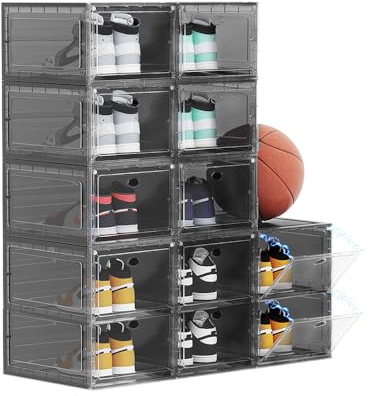 OMOPIN 12 PACK Large Shoe Storage Boxes, Shoe Boxes Clear Plastic Stackable, Shoe Organizer for Size 12 (Grey 12 Pack)