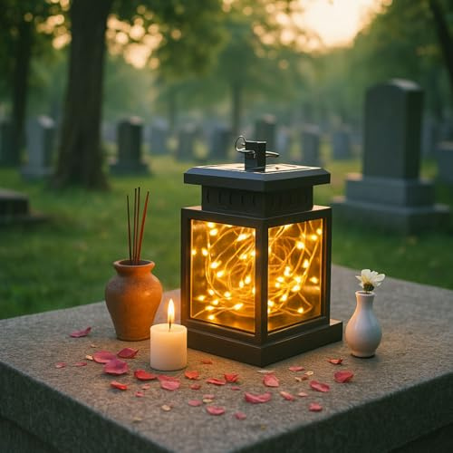 Grablaterne Friedhof Wetterfest Außen, Solar Laterne für Draußen Garten Grab, Grablampe Fuer Urnengrab, Schwarz Grablaternen mit LED Kerzen, Windlicht Klein Kerzenlaterne Geschenk für Trauer (A)