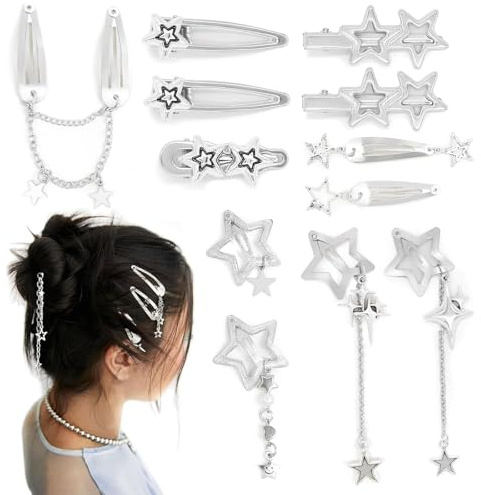 Auroriel 12 Piezas Y2K Estrellas Pinzas para el Cabello Metálicas Punk Horquillas Kawaii Años 2000 Accesorios para el Cabello 10 Estilos Plata Pentagrama para Niñas Mujer