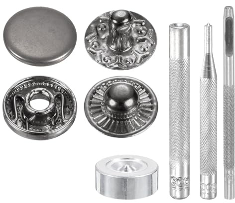 QUARKZMAN 24 Sets Corchetes a Presión, 10mm/16L Botones Metálicos con 4pcs Instalación Herramienta Cierre Aleación Snap Botón para Coser Ropa Bolso Abrigos Cuero Lona Manualidad, Gris