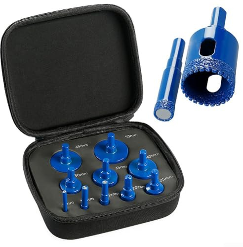 Juego de 10 brocas eléctricas secas para azulejos, mármol, porcelana, granito, gres de 6 a 50 mm, material de esmeril azul con núcleo de cera de enfriamiento, compatible con taladro eléctrico manual