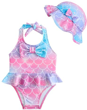 JiAmy Baby Badeanzug Mädchen mit Sonnenhut Einteiler Badebekleidung Kleinkind Schwimmanzug mit Rüschen & Schleife UV Kleidung Baby 12–18 Monate,Rosa Lila-Meerjungfrau