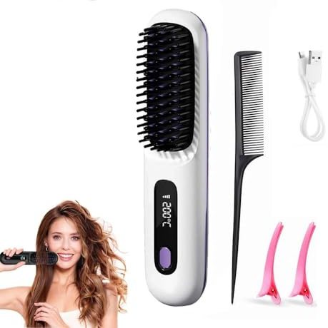 Clinora Stylingbürste,Stylingbürste für Kurze Haare,Glättbürste Kabellos mit LED-Anzeige,Haarglätter Bürste & Stylingbürsten,3 Temperaturstufen,für Glattes,Lockiges und Trockenes Haar,Tragbar