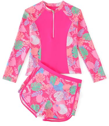 SERENYOU Girls Rash Guard Set 2 Piece Swimsuit Long Sleeve Half Zip Swimwear with Boyshorts Patterned Bathing Suit