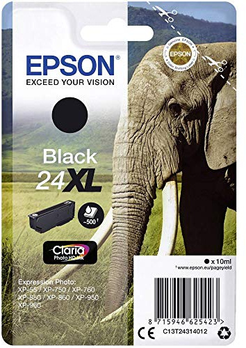 Epson 24XL Black Elephant High Yield Genuine, Claria Photo HD Ink Cartridge, XL High Capacity