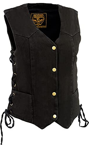 Milwaukee Leather MDL4001 - Chaleco de mezclilla con 4 broches frontales para mujer, color negro, Negro, M
