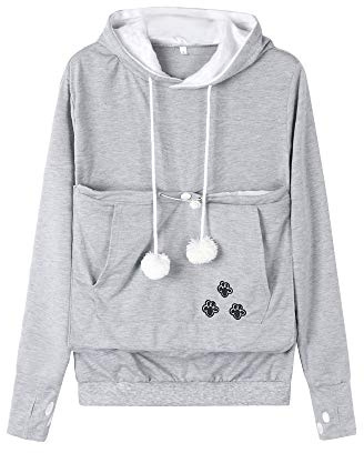 Dehots Damen Pullover Kapuzenpullover mit Katzen Hund Tasche Hundetasche Katze Sweatshirt Pulli Hoodie Kapuze Katzenpulli Beutel Langarm Herbst Winter große größen, Mit Velvet - Grau, Small