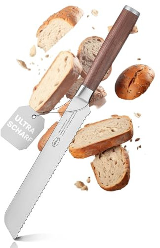 RÖSLE Brotmesser Masterclass 20 cm - Hochwertiges Brot Messer mit Wellenschliff, Küchenmesser für Brot, Brötchen und Baguette, ein scharfes Schneidemesser mit ergonomischem Griff aus Walnussholz