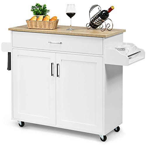 COSTWAY Carrito de Cocina Carro de Servicio Comedor con Ruedas,Toallero,Cajón, Puerta y Estantes Gabinete Mueble de Cocina (Blanco)