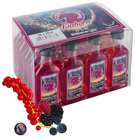 20er Box EINHORN Wildbeeren Likör 15% Vol. - 20 x 20 ml - 400 ml - Mini Glasfläschchen - Shot - Der magische Zauberlikör