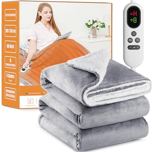 Coperta riscaldata plaid piumino elettrico 180 x 130 cm, flanella Sherpa, 10 livelli di temperatura, 1-9 ore di spegnimento automatico, display digitale, lavabile in lavatrice, certificato ETL