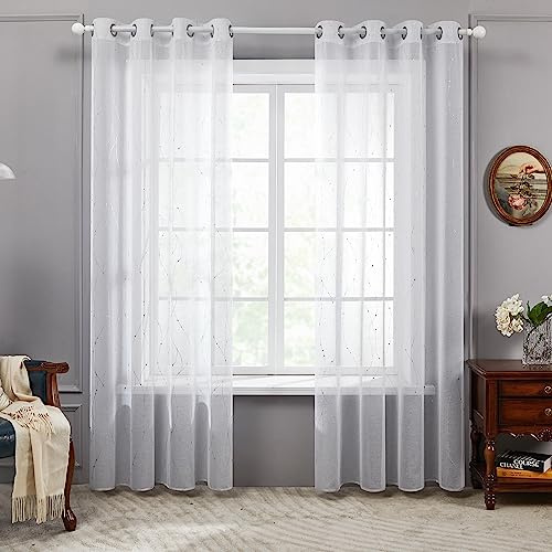 Deconovo Gardinen Weiß Vorhang Transparent Leinenoptik Ösenvorhang Voile Ösenschal Wohnzimmer, 215x140, Welle