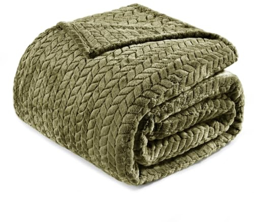 Exclusivo Mezcla Kuscheldecke Flauschig 220x240 cm Fleecedecke Tagesdecke | Flanell Decke, Bett, Sofa, Bettüberwurf, Blättermuster, Leicht, Warm, Maschinenwaschbar, Ganzjahreszeit, Olivgrün