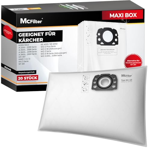 McFilter I 20 Staubsaugerbeutel kompatibel mit Kärcher WD2 Plus V-12/4/18/C, WD3 Serie V-17/4/20, KWD1-3, WD2-18,WD3-18,WD2 Plus WD3.200-3.800 NT 251,SE4001/SE4002, passend wie KFI 357 2.863-314.0