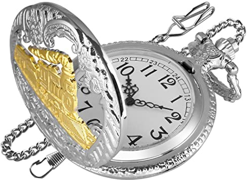 Realpoo Hollow Quartz Right Locomotive Sliver Gold Quartz Pocket Watch for Men,Arabic Numerals White Dial Pocket Watches with Chain for Men - Sliver Gold