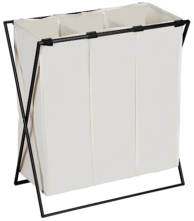 WENKO Wäschesammler Mod. Trio XL stabiler Wäschekorb mit Eisengestell drei Fächern optimale Wäschetrennung 145 L zusammenfaltbar Beige 69 x 76 x 37 cm