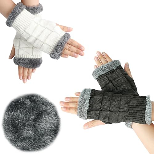 INFOMAG 2 Paar Fingerlose Handschuhe Damen Winter Halb Fingerhandschuhe mit Fleece Futter Winter Gestrickte Handschuhe Ohne Fingerkuppen Strickhandschuhe Warm Unisex Armwärmer Armstulpen für Damen