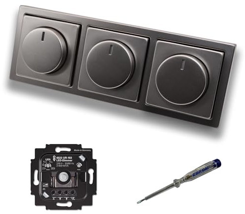Busch Jäger 6523UR-103 (3 Stück) LED Drehdimmer Dimmer + Dimmerscheiben 6540-866-102 in PUR Edelstahl im 3-fach Rahmen inkl. EBROM Phasenprüfer zur Montage der Geräte 6523 UR-103