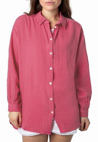 Sublevel Langarm Musselin Bluse mit Kentkragen - Damen Muselin Oversize Bluse, Baumwolle, Knopfleiste in verschienden Farben pink S/M