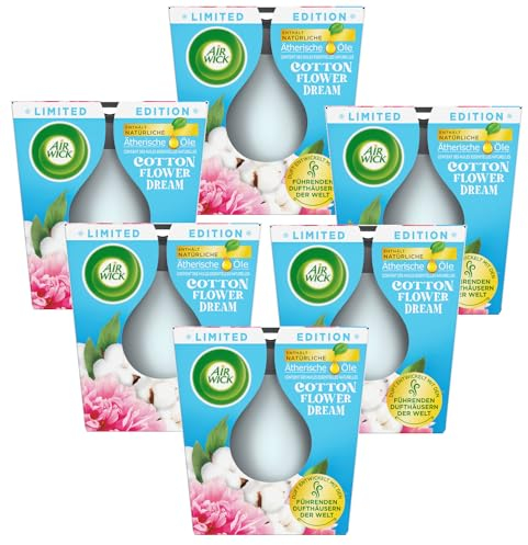 Air Wick Wohlfühl-Duftkerze im Glas – Duft: Cotton Flower Dream – Je bis zu 20 Stunden Brenndauer – Enthält natürliche ätherische Öle – 6 x 105 g Duftkerzenset