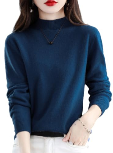 ZHONGLE Suéteres de Cachemira para Las Mujeres,Invierno Nueva Cachemira de Manga Larga Cuello Redondo Suave cálido Jersey de Punto Jerseys Tops para Las Mujeres (Medium,Azul Oscuro)