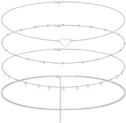 Sinmoe 4 Böhmischen Taillenketten Bauchketten mit Pailletten Verstellbare Bikini Körperketten Mehrschichtiger Taillenschmuck Zubehör für Frauen Mädchen Strand Sommer, Silberne Farbe