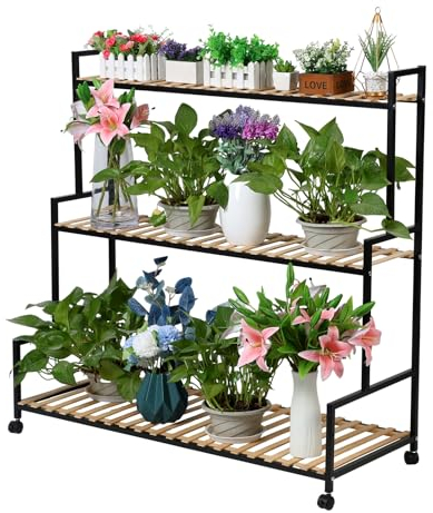 Support pour plantes rustique avec roues - 3 niveaux pour intérieur et extérieur, étagère en bois massif pour plusieurs plantes, étagère à fleurs pour jardin, salon, balcon