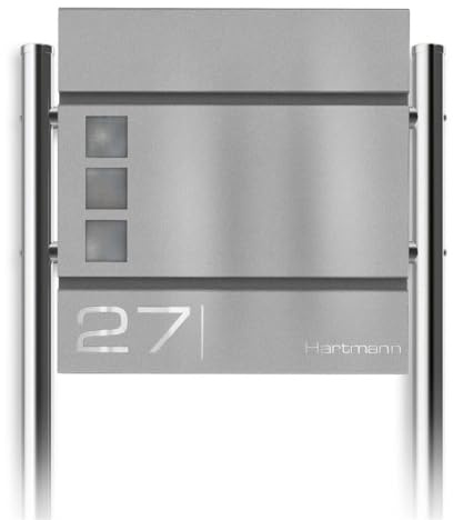 Metzler Standbriefkasten Cube in RAL 9007 Graualuminium - Name & Hausnummer als Lasergravur - Design Briefkasten mit Zeitungsfach, Sichtfenster & Ständer - Größe: 37 x 37 x 10,5 cm - Höhe 120 cm