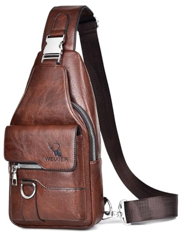 A-QMZL Sacoche Homme Bandouliere Sac de Poitrine business Sac de Loisir a Dos PU Cuir Pochette Epaule à Dos de Voyage pour Homme Femme (Brun foncé)